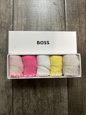 100% Authentic BOSS Five-Pack Pastel Ribbed Socks in Pink, Hot Pink, White NEW